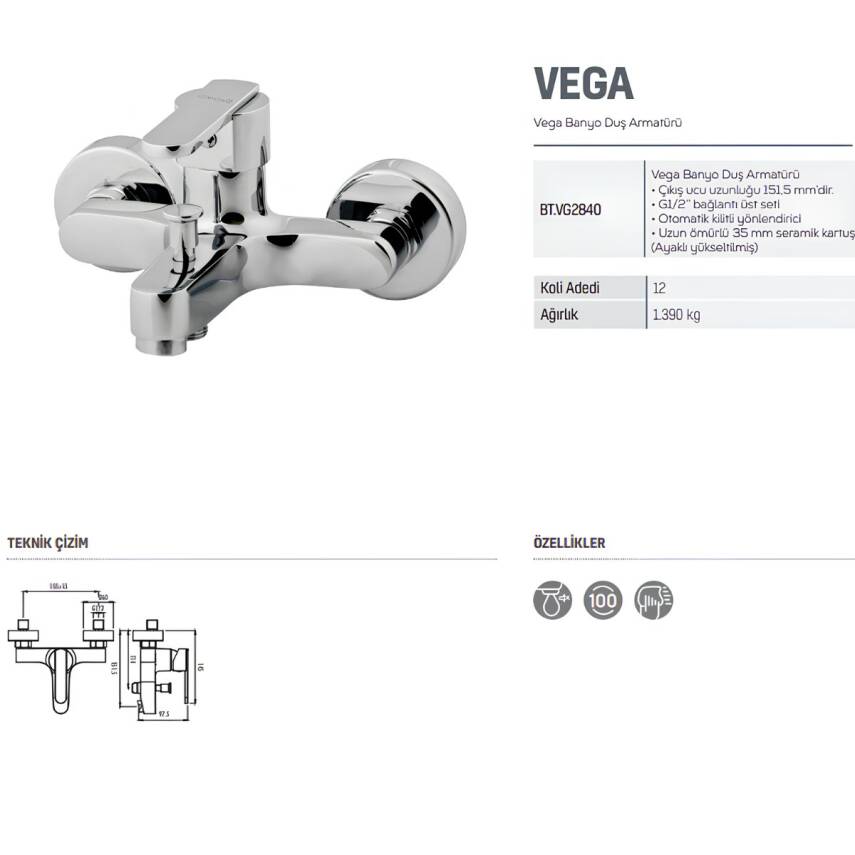 Creavit Vega Krom Lavabo-Banyo-Eviye Bataryası 3'lü Set VG1840-VG2840-VG8640 - 5