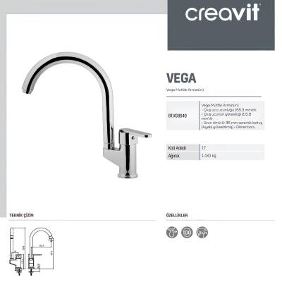 Creavit Vega Krom Lavabo-Banyo-Eviye Bataryası 3'lü Set VG1840-VG2840-VG8640 - 6