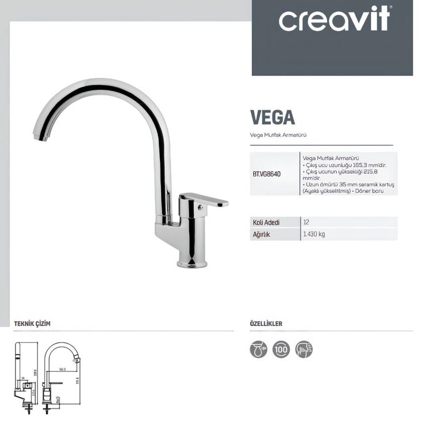Creavit Vega Krom Lavabo-Banyo-Eviye Bataryası 3'lü Set VG1840-VG2840-VG8640 - 6
