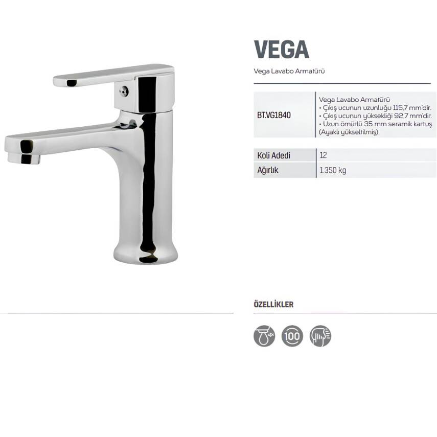 Creavit Vega Krom Lavabo-Banyo-Eviye Bataryası 3'lü Set VG1840-VG2840-VG8640 - 7