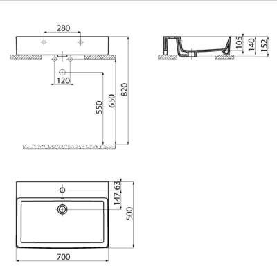 Creavit Volga Tezgâh Üstü Batarya Delikli Kare Beyaz Lavabo 70 Cm VX270 - 3