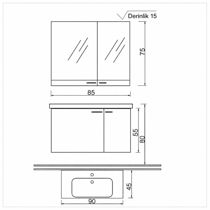 Denko Terra 90 Cm Antrasit Banyo Dolabı Takımı - 2