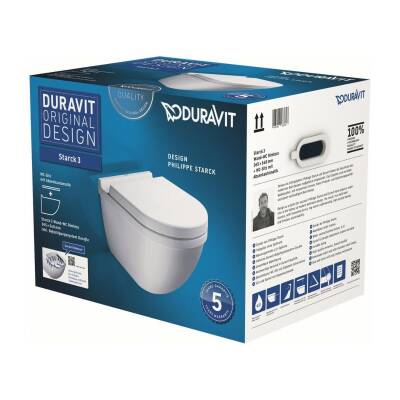 Duravit Starck 3 Rimless Beyaz Asma Klozet 45273900A1, Duravit Duroplast Yavaş Kapak - 3