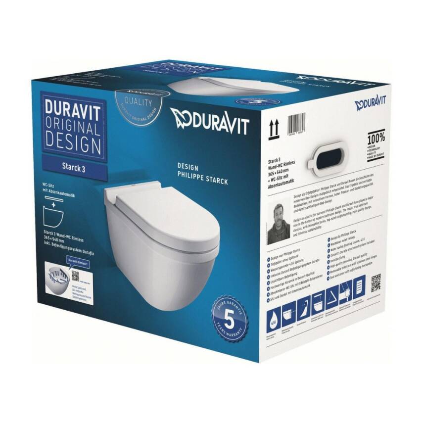 Duravit Starck 3 Rimless Beyaz Asma Klozet 45273900A1, Duravit Duroplast Yavaş Kapak - 3