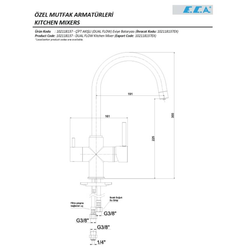 Eca Dual Flow Çift Akışlı Arıtmalı Krom Mutfak Eviye Bataryası 102118137 - 2