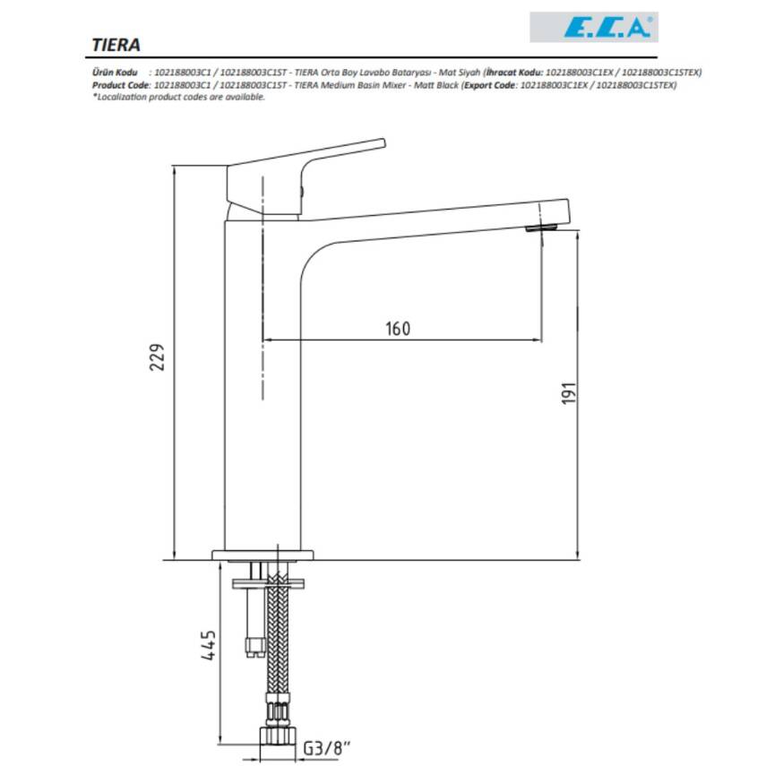 Eca Tiera Orta Boy Lavabo Bataryası Mat Siyah 102188003C1 - 2