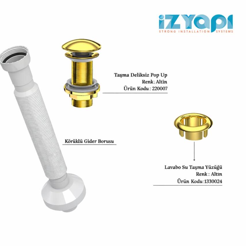 İZYAPI Felix Pop Up Altın, Körüklü Gider Borusu, Lavabo Taşma Yüzüğü Altın (3'lü Set) - 1