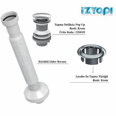 İZYAPI Felix Pop Up Krom, Körüklü Gider Borusu, Lavabo Taşma Yüzüğü Krom (3'lü Set)