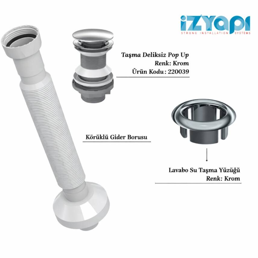 İZYAPI Felix Pop Up Krom, Körüklü Gider Borusu, Lavabo Taşma Yüzüğü Krom (3'lü Set) - 1