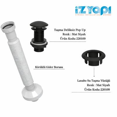 İZYAPI Felix Pop Up Mat Siyah, Körüklü Gider Borusu, Lavabo Taşma Yüzüğü Mat Siyah (3'lü Set)