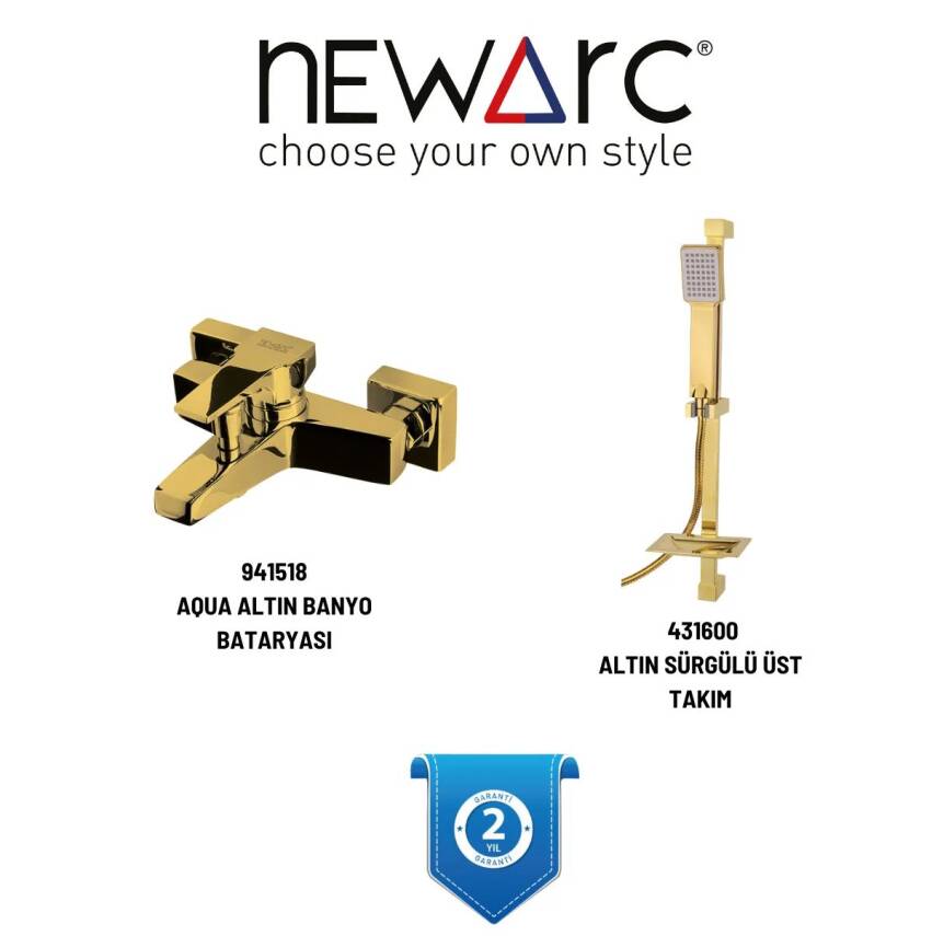 Newarc Aqua Altın Banyo Bataryası ve Aqua Altın Sürgülü Üst Takımı 2'li Set 941518-431600 - 1