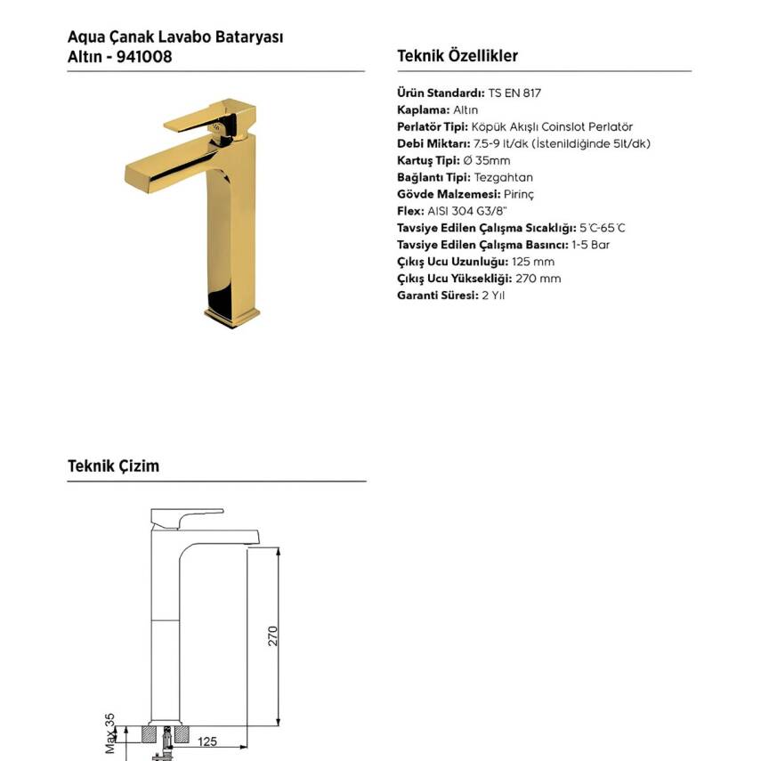 Newarc Aqua Altın Çanak Tipi Lavabo Bataryası 941008 - 3