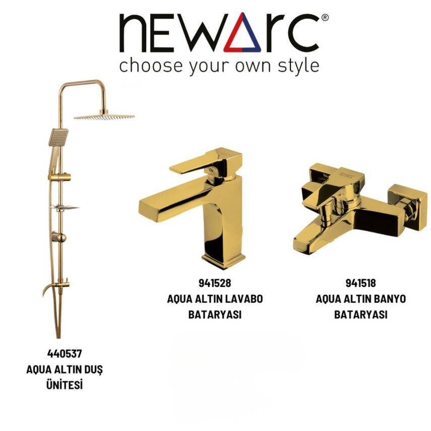 Newarc Aqua Altın Lavabo-Banyo Bataryası ve Duş Ünitesi 3'lü Set 941528-941518-440537 - 1