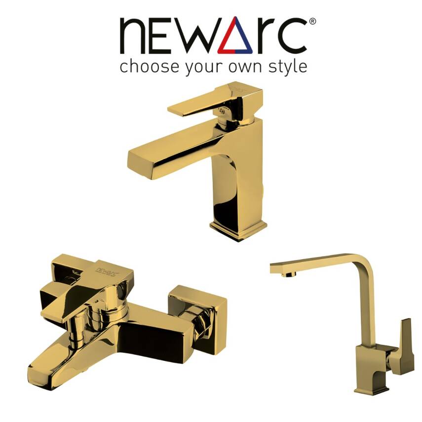 Newarc Aqua Altın Lavabo-Banyo-Eviye Bataryası 3'lü Set 941528-941518-941888L - 1