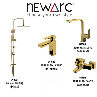 Newarc Aqua Altın Lavabo-Banyo-Eviye Bataryası ve Duş Ünitesi 4'lü Set 941528-941518-941888L-440537