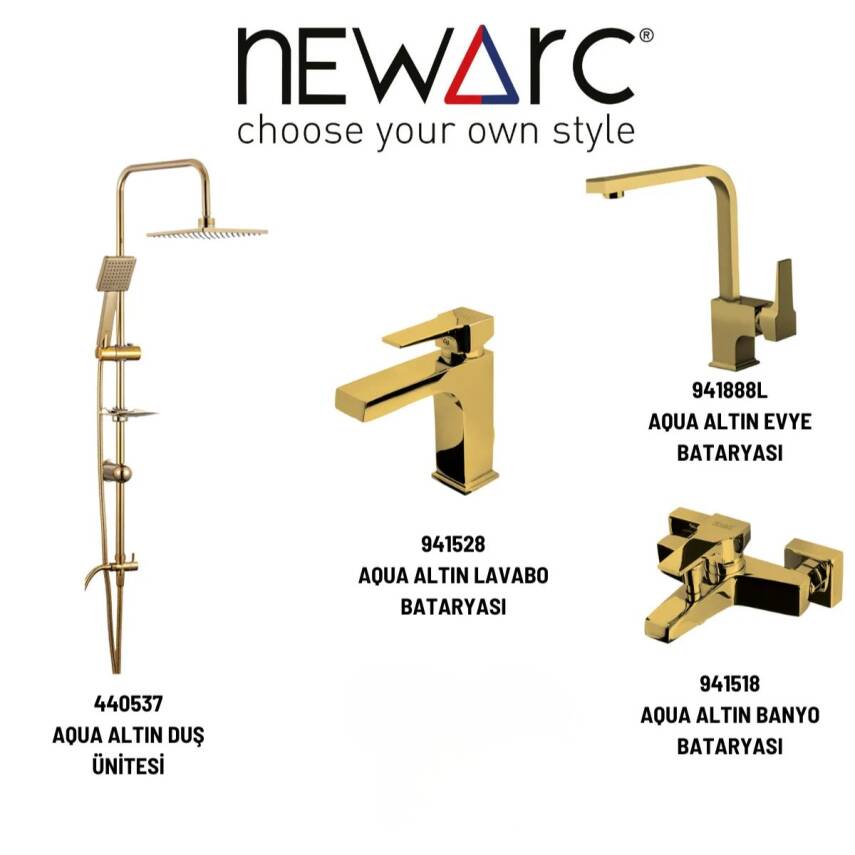 Newarc Aqua Altın Lavabo-Banyo-Eviye Bataryası ve Duş Ünitesi 4'lü Set 941528-941518-941888L-440537 - 1