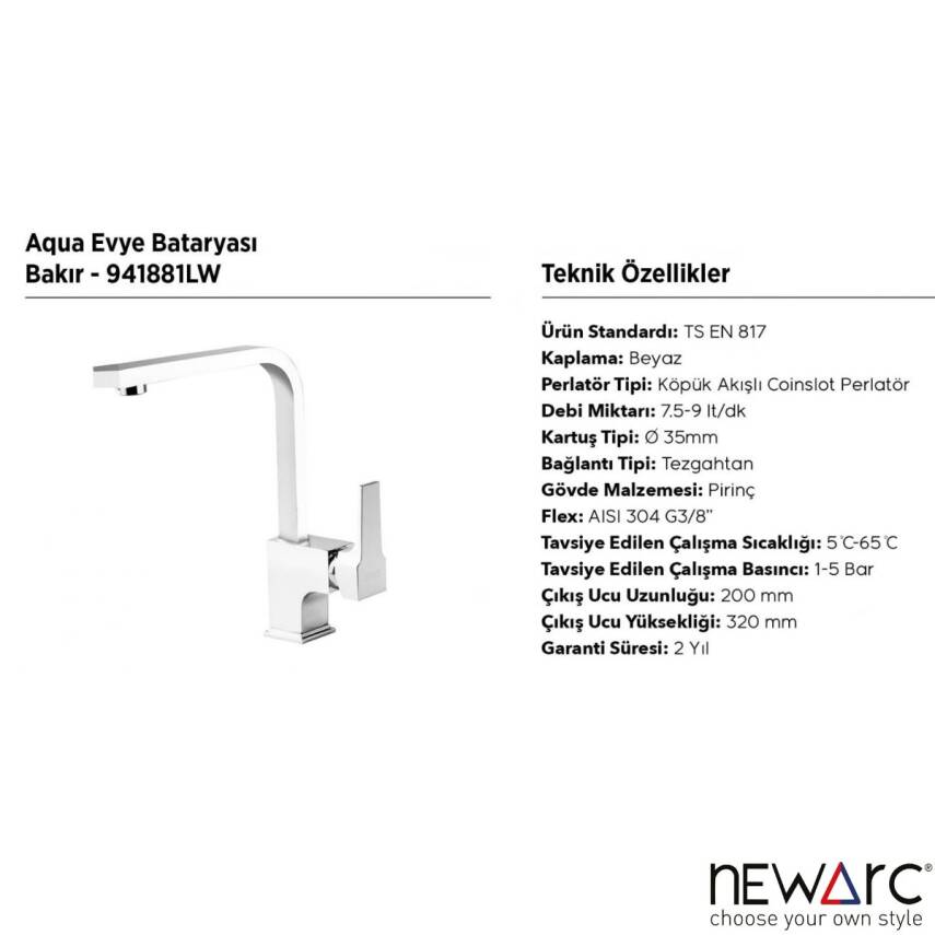 Newarc Aqua Beyaz Eviye Bataryası 941881LW - 3