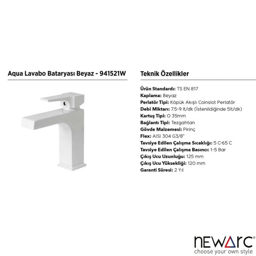 Newarc Aqua Beyaz Lavabo Bataryası 941521W - 3