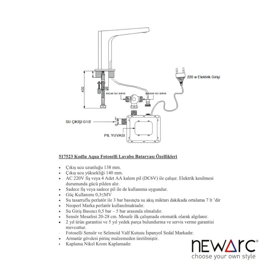 Newarc Aqua Fotoselli Krom Lavabo Bataryası 517523 - 4