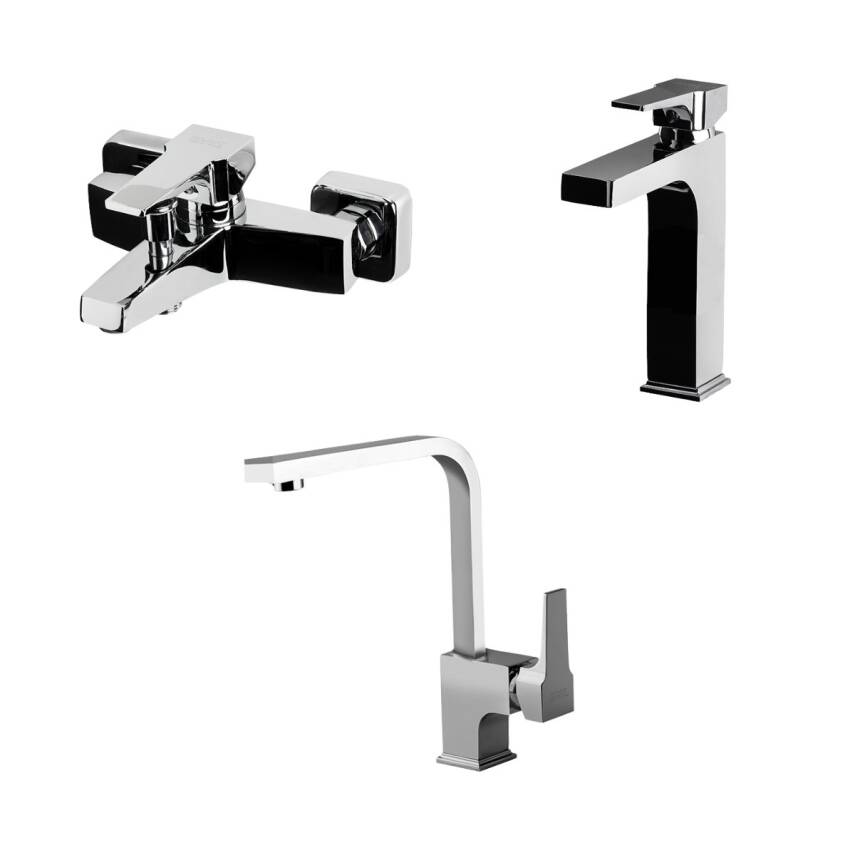Newarc Aqua Krom Çanak Lavabo-Banyo-Eviye Bataryası 3'lü Set 941001-941511-941881L - 1