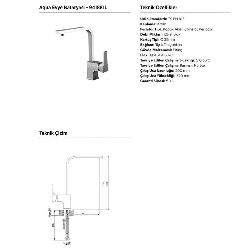 Newarc Aqua Krom Çanak Lavabo-Banyo-Eviye Bataryası 3'lü Set 941001-941511-941881L - 5
