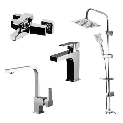Newarc Aqua Krom Lavabo-Banyo-Eviye Bataryası ve Sky Duş Ünitesi 4'lü Set 941521-941511-941881L-440453