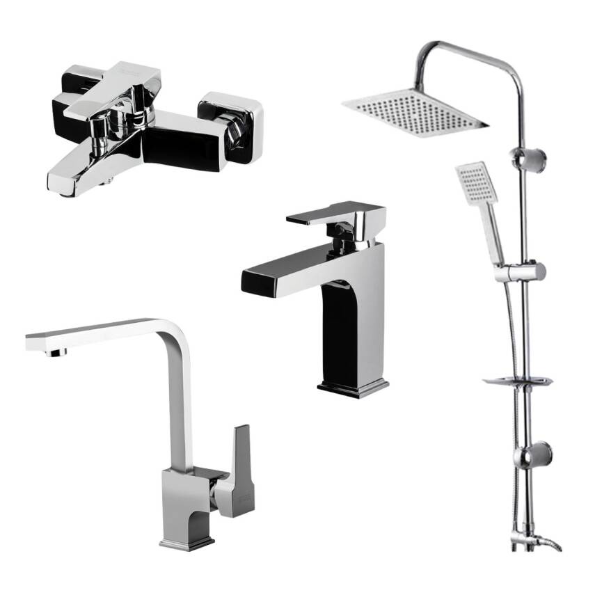 Newarc Aqua Krom Lavabo-Banyo-Eviye Bataryası ve Sky Duş Ünitesi 4'lü Set 941521-941511-941881L-440453 - 1