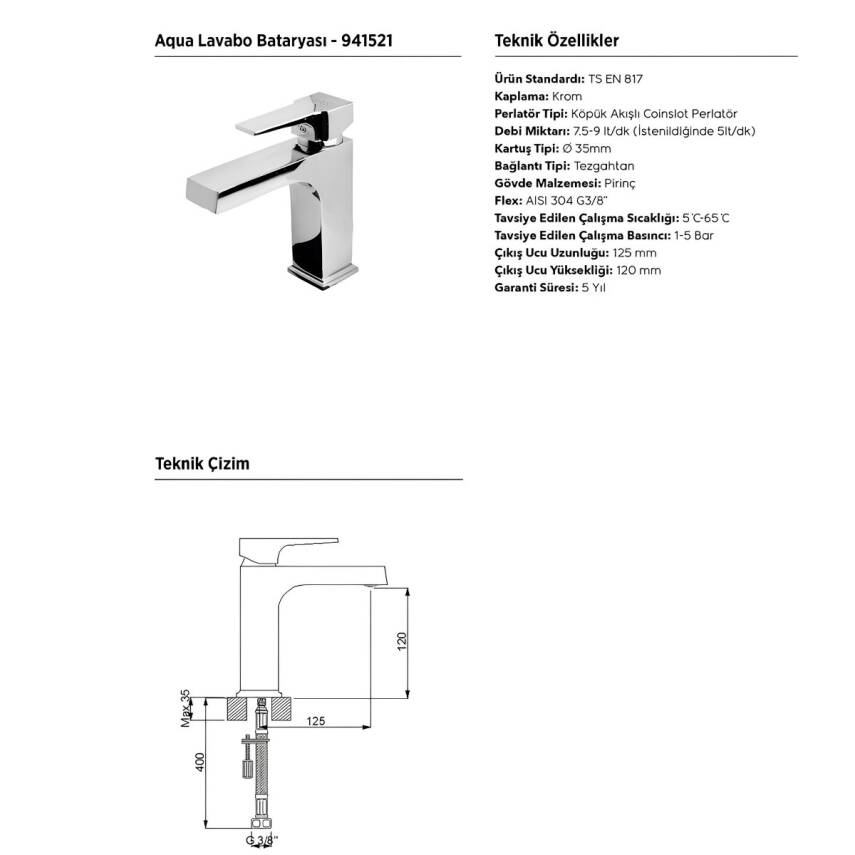 Newarc Aqua Krom Lavabo-Banyo-Eviye Bataryası ve Sky Duş Ünitesi 4'lü Set 941521-941511-941881L-440453 - 6