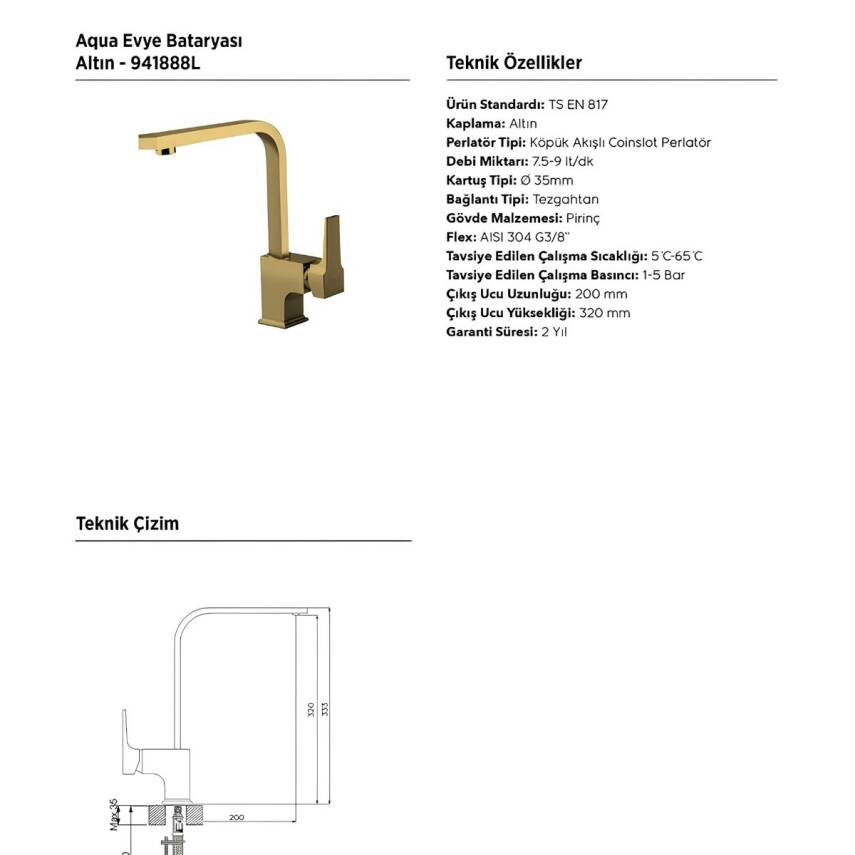 Newarc Aqua L Borulu Altın Eviye Bataryası 941888L - 3