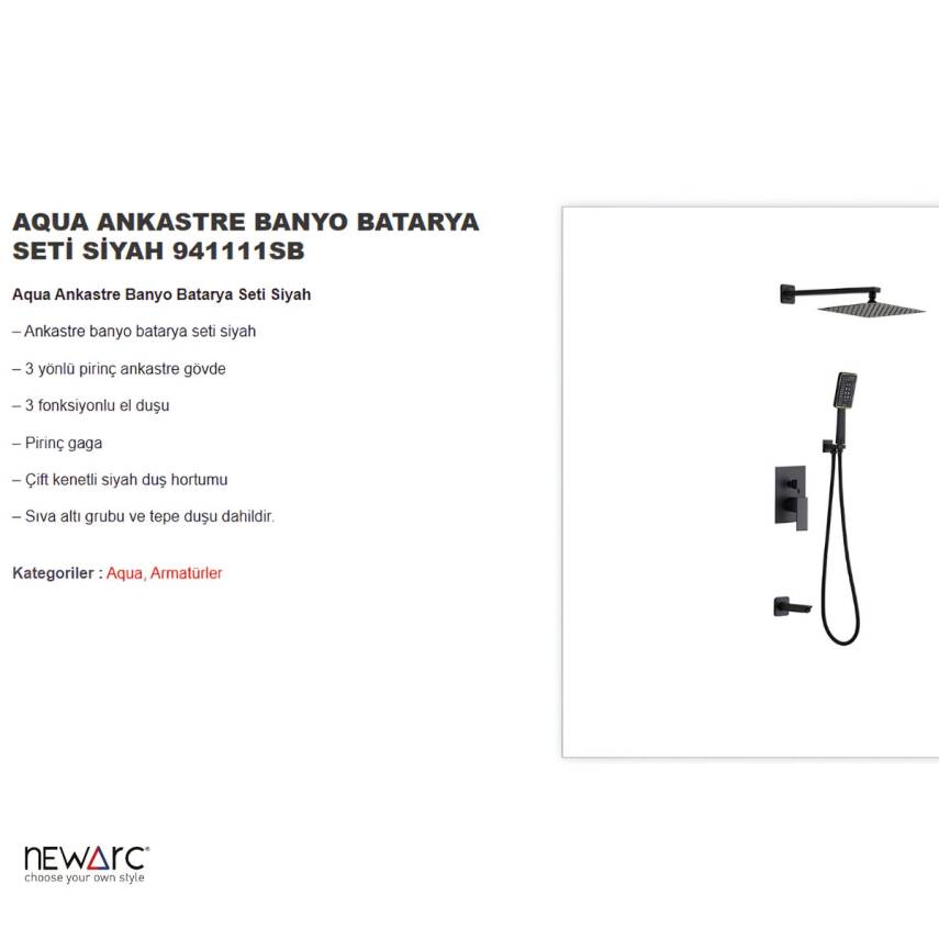 Newarc Aqua Siyah Ankastre Banyo Bataryası Set 941111SB - 2