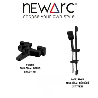 Newarc Aqua Siyah Banyo Bataryası ve Sürgülü Üst Takımı 2'li Set 941511B-430525R-05