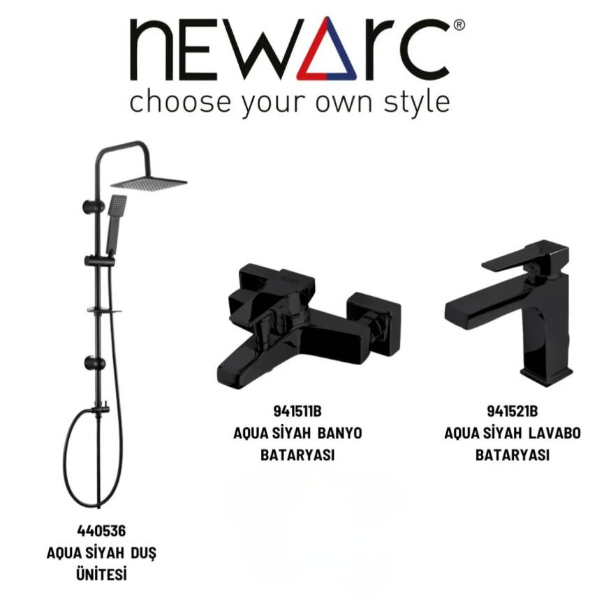 Newarc Aqua Siyah Banyo-Lavabo Bataryası ve Duş Ünitesi 3'lü Set 941521B-941511B-440536 - 1
