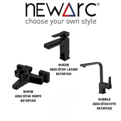 Newarc Aqua Siyah Banyo-Lavabo-Eviye Bataryası 3'lü Set 941521B-941511B-941881LB