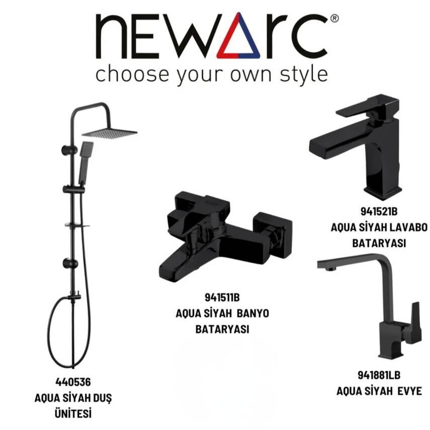 Newarc Aqua Siyah Banyo-Lavabo-Eviye Bataryası ve Duş Ünitesi 4'lü Set 941521B-941511B-941881LB-440536 - 1