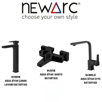 Newarc Aqua Siyah Çanak Lavabo-Banyo-Eviye Bataryası 3'lü Set 941001B-941511B-941881LB