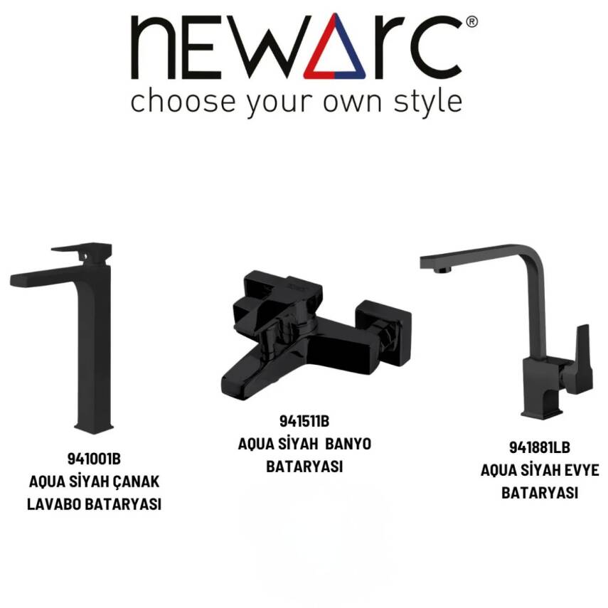 Newarc Aqua Siyah Çanak Lavabo-Banyo-Eviye Bataryası 3'lü Set 941001B-941511B-941881LB - 1