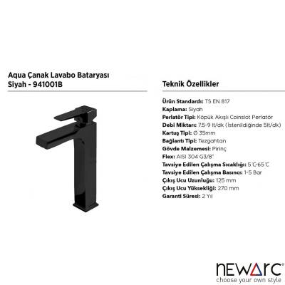Newarc Aqua Siyah Çanak Lavabo Bataryası 941001B - 3