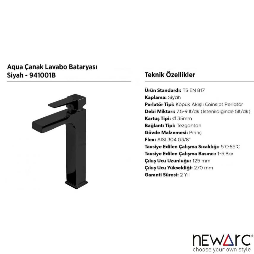Newarc Aqua Siyah Çanak Lavabo Bataryası 941001B - 3
