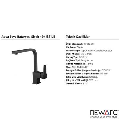Newarc Aqua Siyah L Borulu Eviye Bataryası 941881LB - 3