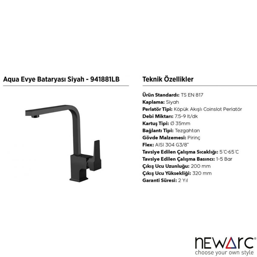 Newarc Aqua Siyah L Borulu Eviye Bataryası 941881LB - 3