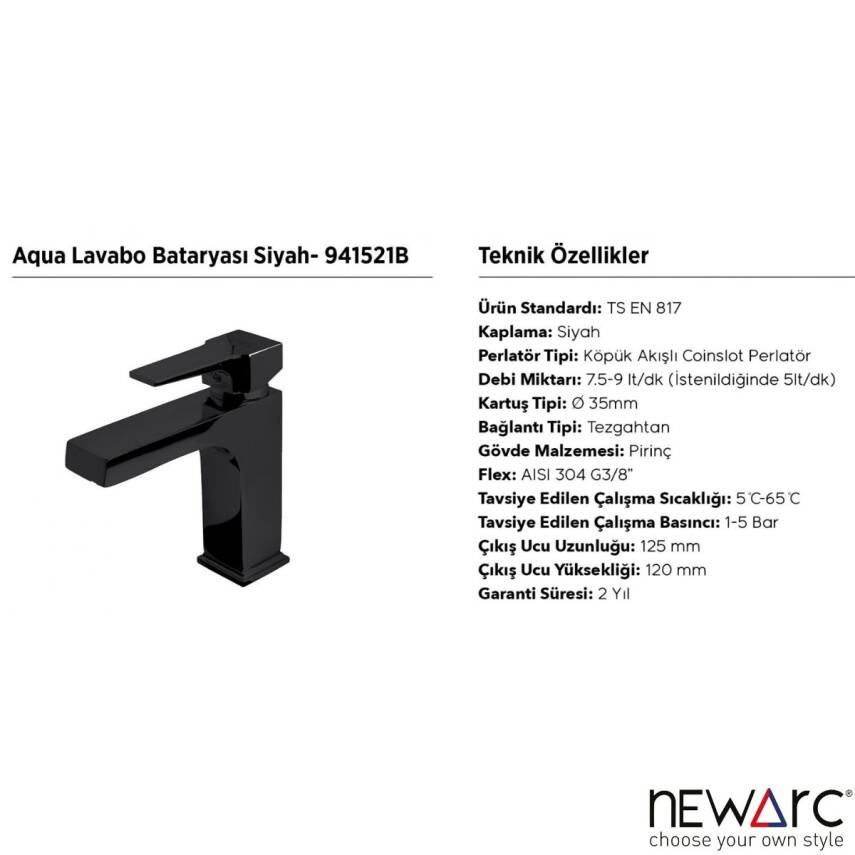 Newarc Aqua Siyah Lavabo Bataryası  941521B - 3