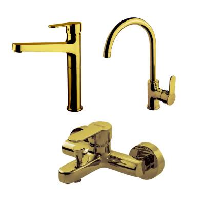 Newarc Domino Altın Çanak Lavabo-Banyo-Eviye Bataryası 3'lü Set 971008-971518-971538