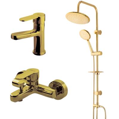 Newarc Domino Altın Lavabo-Banyo Bataryası ve Altın Duş Ünitesi 3'lü Set 971528-971518-440615G