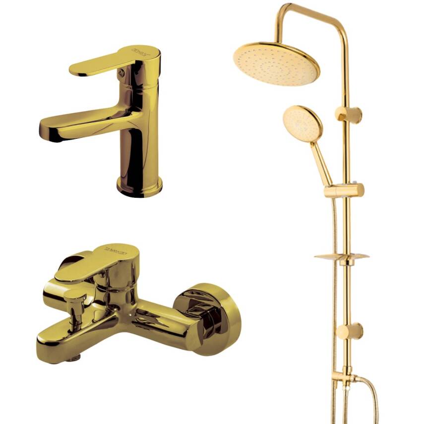Newarc Domino Altın Lavabo-Banyo Bataryası ve Altın Duş Ünitesi 3'lü Set 971528-971518-440615G - 1