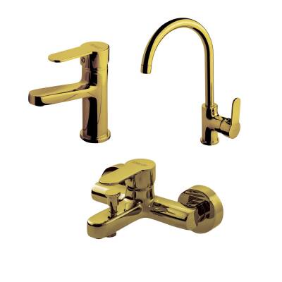 Newarc Domino Altın Lavabo-Banyo-Eviye Bataryası Set 3'lü Set 971528-971518-971538