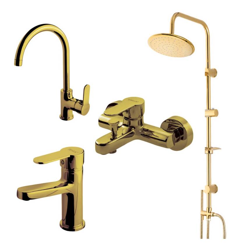 Newarc Domino Altın Lavabo-Banyo-Eviye Bataryası ve Altın Duş Ünitesi 4'lü Set 971528-971518-971538-440615G - 1