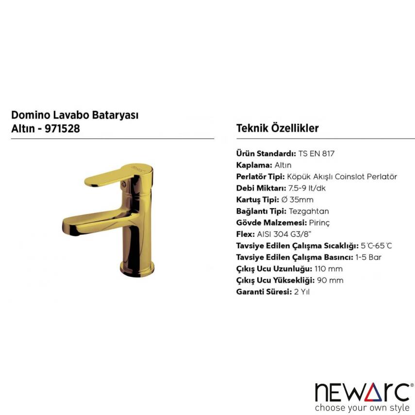 Newarc Domino Altın Lavabo Bataryası 971528 - 3