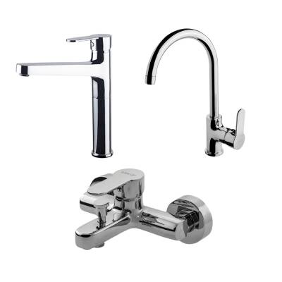 Newarc Domino Krom Çanak Lavabo-Banyo-Eviye Bataryası 3'lü Set 971001-971511-971531
