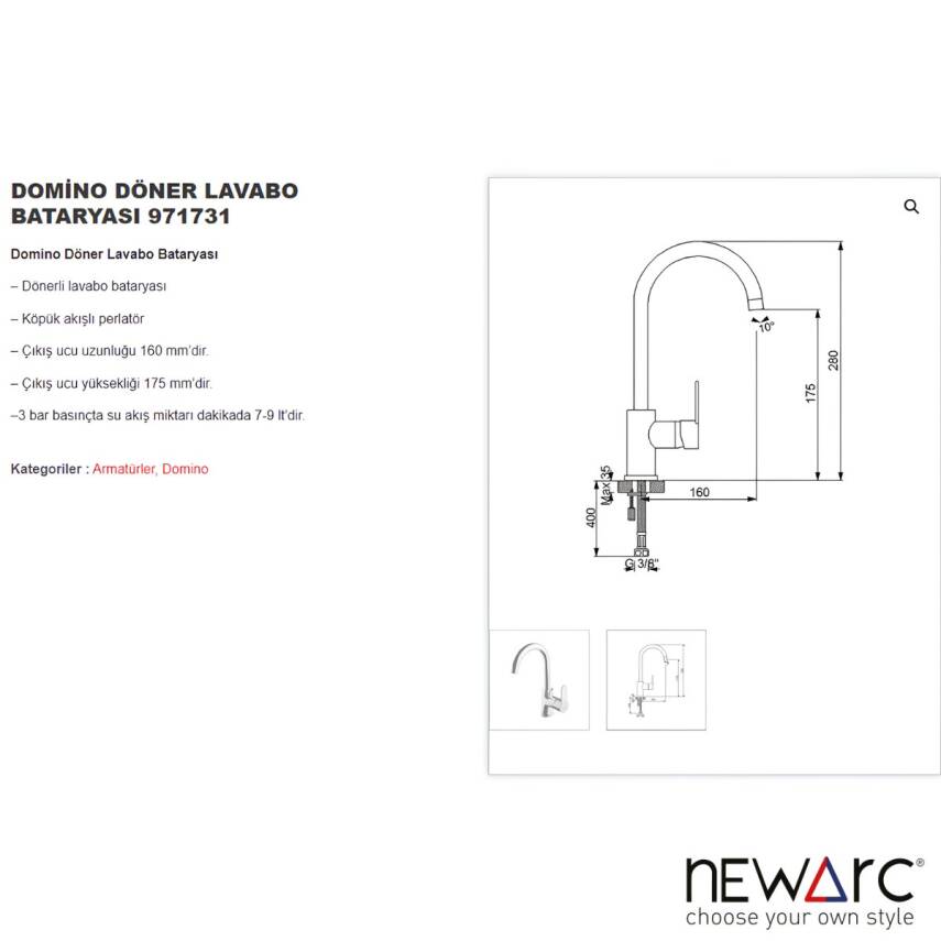 Newarc Domino Krom Döner Lavabo Bataryası 971731 - 2