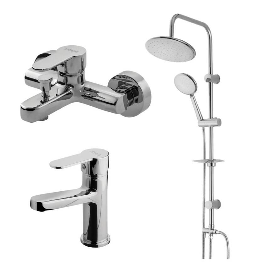 Newarc Domino Krom Lavabo-Banyo Bataryası ve Duş Ünitesi 3'lü Set 971521-971511-440615 - 1